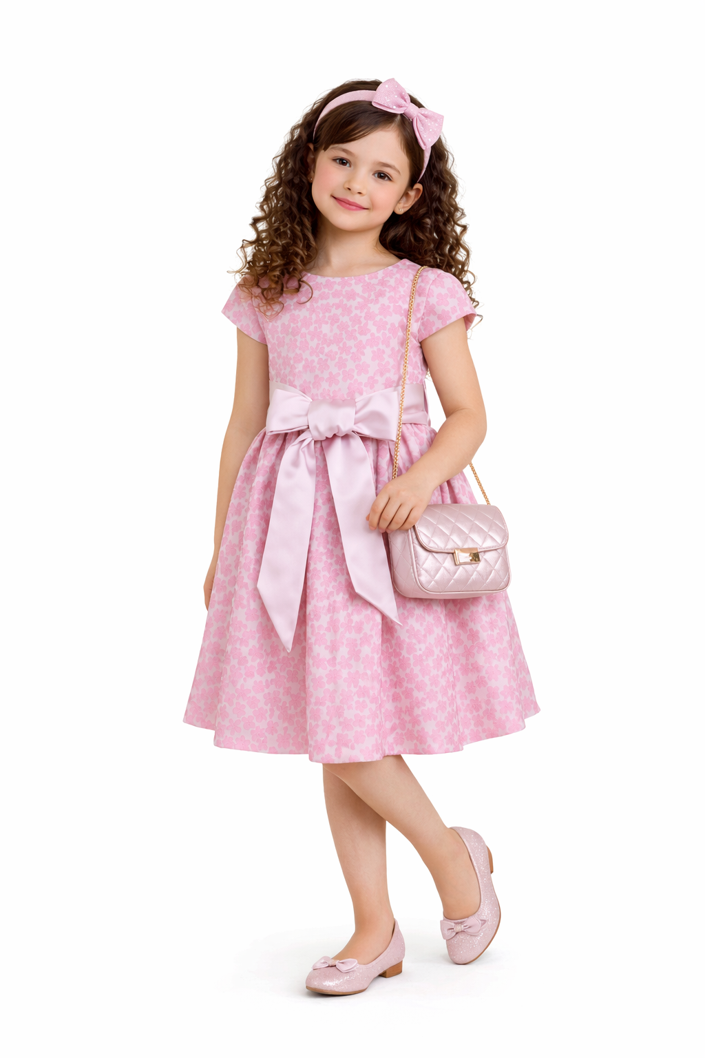 Vestido infantil brocado rosa con moño decorativo