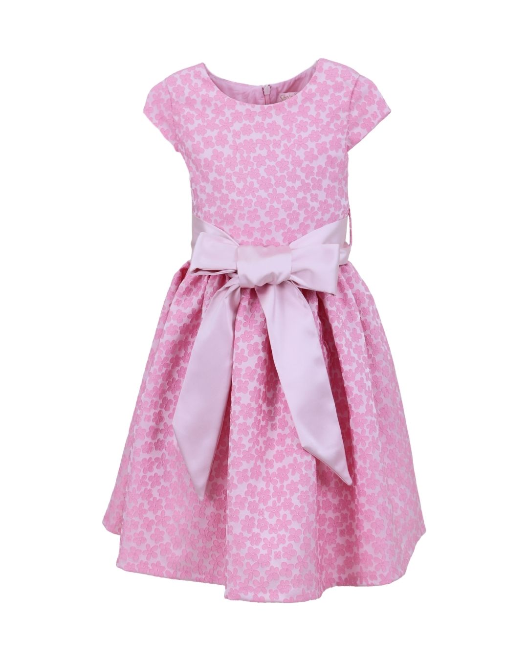 Vestido infantil brocado rosa con moño decorativo