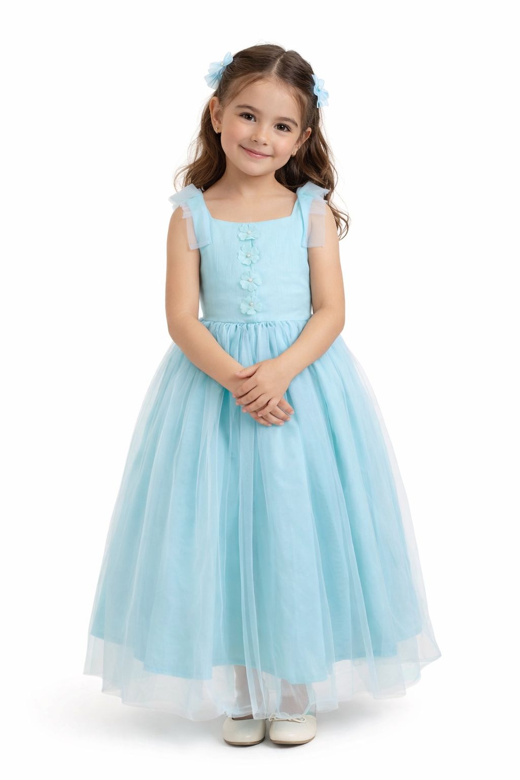 Vestido infantil de tul con flores y moños en hombros – Estilo princesa