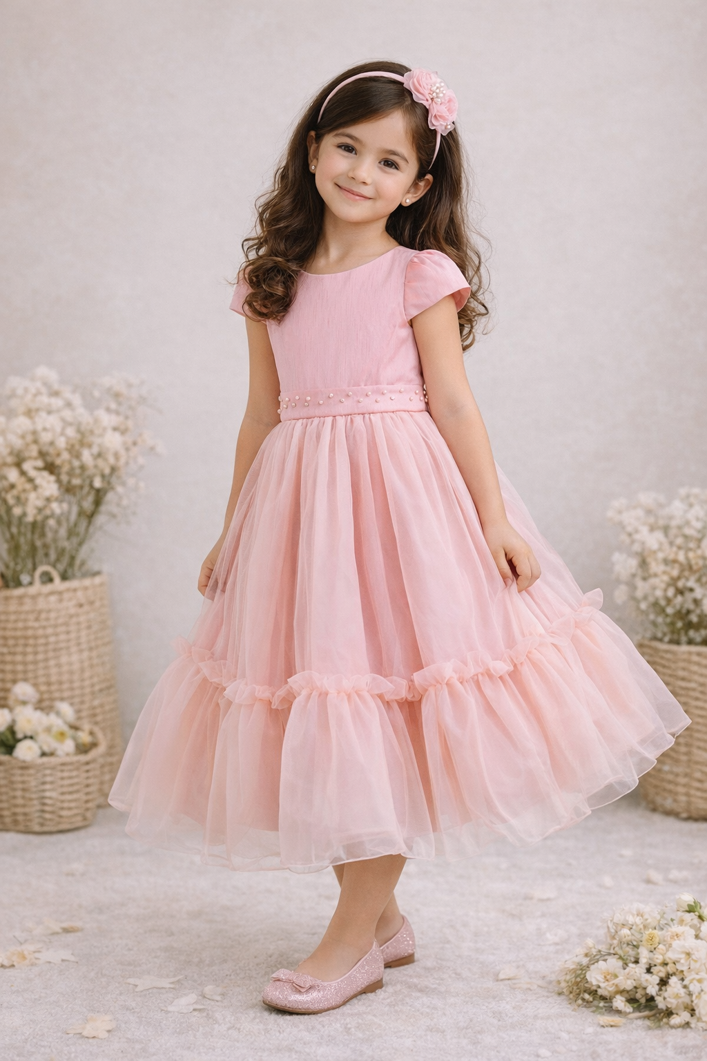 Vestido de Fiesta Largo de Tul con Cinturón de Perlas